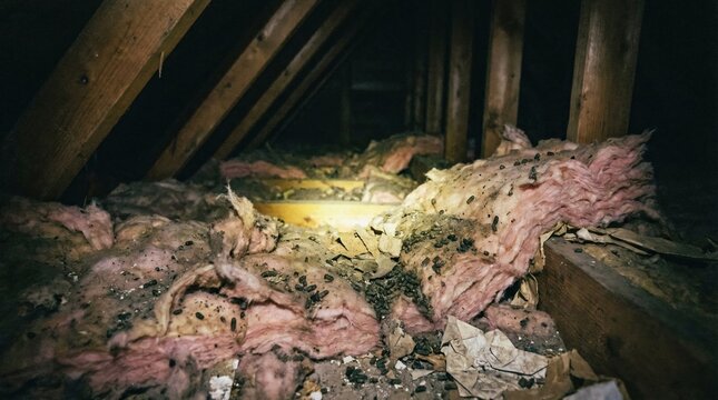 Rodent or raccoon droppings scattered across pink fiberglass insulation in a dark attic. Evidence of pest infestation and unsanitary conditions. Useful for pest control or home inspection topics.