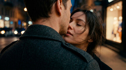 Fototapeta premium Couple sharing an intimate kiss on a city street at night with blurred lights