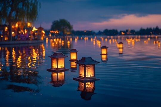 Floating lanterns over calm lake at dusk, soft glowing lights, peaceful atmosphere,