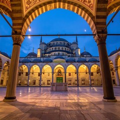 Fototapeta premium A majestic mosque courtyard with arches and columns at dusk