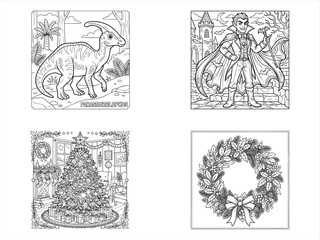 Fototapeta premium Christmas, coloring book, illustrations, set, 4 pages, black and white, vector