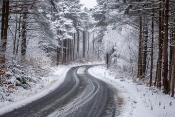 Obraz premium Empty asphalt road winding through snowy forest in winter
