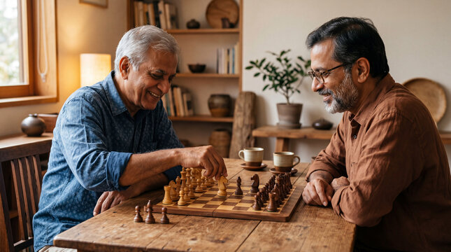 Two gentlemen engage in a strategic chess game within a cozy living room, symbolizing thoughtful competition and intellectual pursuit. 