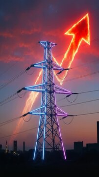 Neon transmission tower with glowing upward arrow against sunset sky. Conceptual visualization of energy market growth and rising electricity costs. Lockdown shot.