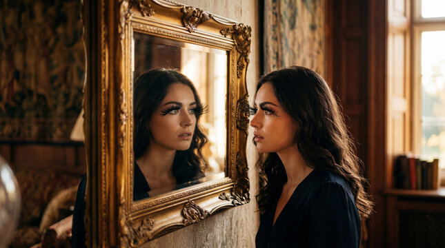 A young woman gazes intently at her reflection in a gold framed mirror. Capturing her moment of self-contemplation, surrounded by the elegance and allure of an indoor setting.