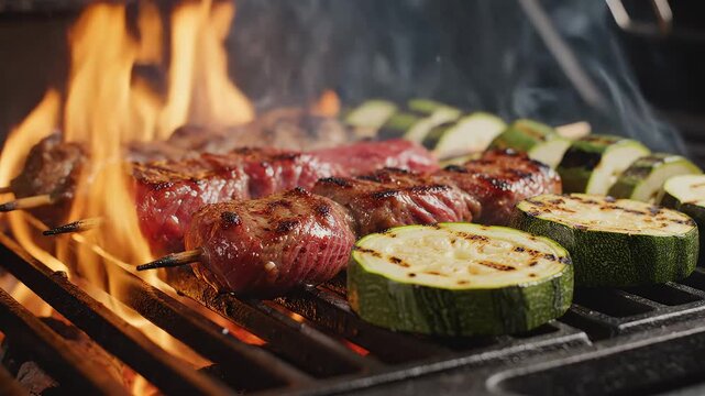 Grilled meat and vegetables on barbecue for corporate presentations, business marketing, and commercial use