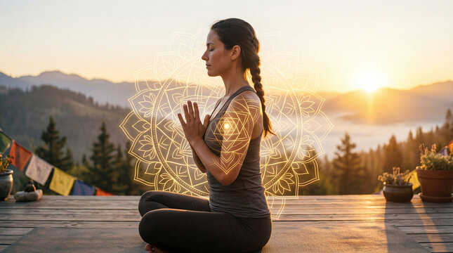 A serene woman practices yoga meditation, harmonizing mind, body, and spirit in the tranquility of nature with scenic sunrise.