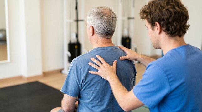Professional physiotherapist treating senior man back at clinic. Physical therapy, rehabilitation and chiropractic care for elderly. Doctor massaging patient shoulder in gym.