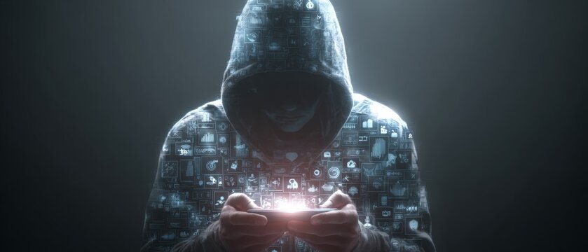 Digital shadows: navigating the risks of modern cyber threats. Cinema artwork. Symbolic hues of cyber threats: a hacker's interaction with technology. Epic poster. Fantasy poster.
