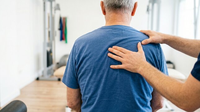 Physiotherapist examining senior patient back in rehabilitation clinic. Professional manual therapy, osteopathy and chiropractic treatment for elderly man for pain relief and health.