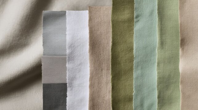 Vertical textile swatches with gray white gradient and natural tones like beige, olive green, mint green on textured fab
