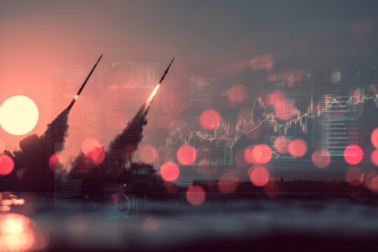 Twilight of conflict: missiles and flags in the fading light. Digital control. Subtle sunset drama: missiles and an iranian flag in a calm setting. Intelligent screens. Virtual analytics.