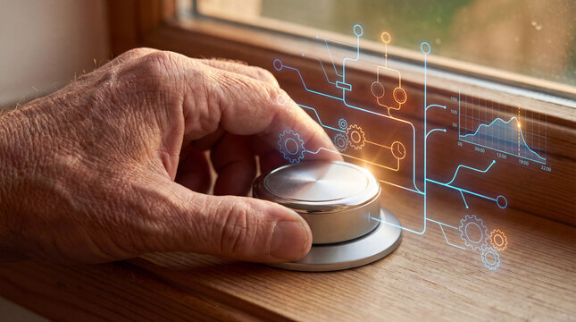 An adult's hand controls modern technology. The scene evokes a sense of control and futuristic possibilities, focusing on the interface between human interaction and advanced automation. 