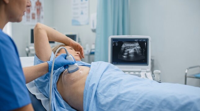 Female patient receiving professional breast ultrasound scan in modern medical clinic for cancer screening prevention and diagnostic health checkup with doctor using sonogram