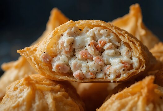 A close up view of a golden brown fried pastry filled with a creamy white and brown sweet mixture. crab rangoon