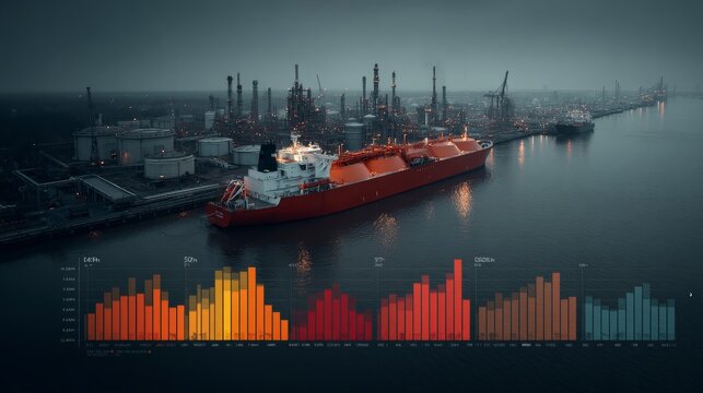 Serene lng tanker at a distant island terminal in open waters. Financial success. A scene of expansion: enriched terminal, vibrant ocean, distant peaks. Market trends. Corporate success.