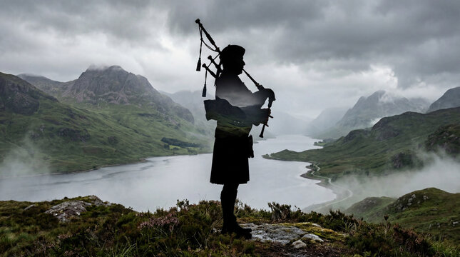 A silhouette of a bagpiper in traditional attire plays his instrument against the backdrop of a vast lake and rolling hills, enveloped in a moody sky.