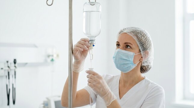 Female nurse adjusting a medical IV drip infusion in a hospital ward. Intensive care, surgery recovery and intravenous medication therapy concept with healthcare professional.