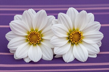 Obraz premium Two white flowers sitting on top of a purple cloth