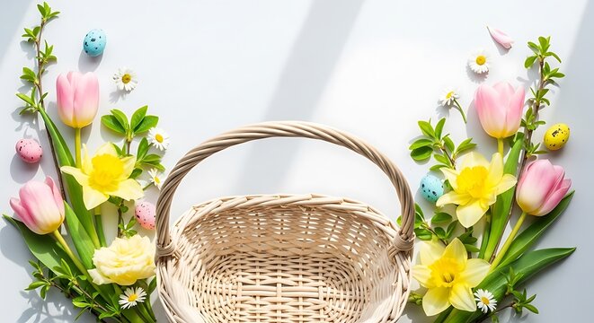 A festive easter basket surrounded by beautiful spring flowers including tulips and daffodils. easter basket plastic grass 