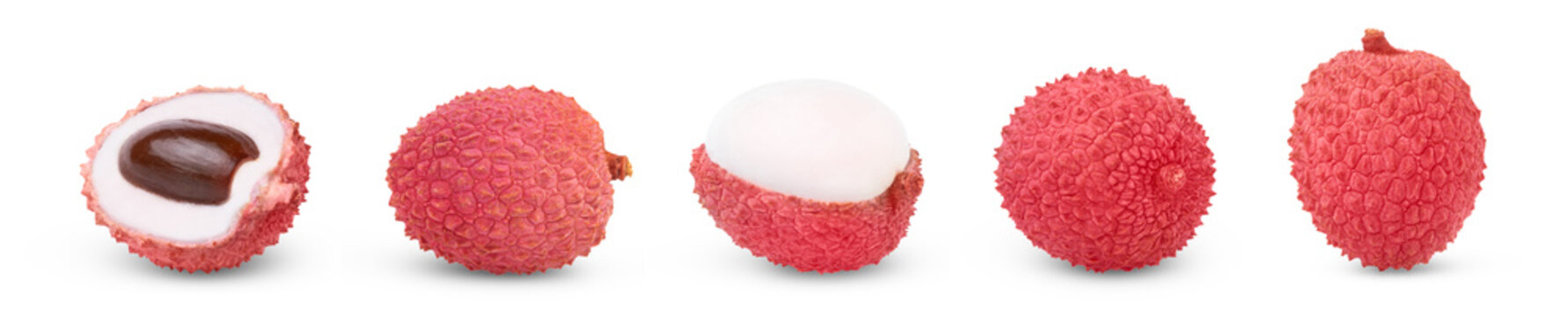 Pink or red lychees collection. Whole pink juicy lychee and half of lychee with seed isolated set.