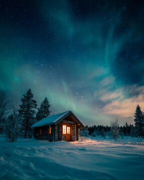 Cozy wooden cabin under northern lights, starry sky, peaceful winter landscape