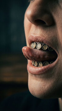 A surreal portrait of a person, showcasing an open mouth with a unique arrangement of cylindrical objects on teeth and tongue, inviting contemplation and artistic interpretation.