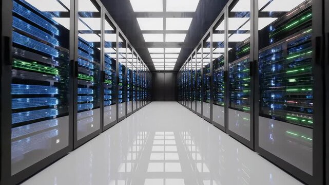 server room with rows of data racks for corporate presentations, business marketing, and commercial use