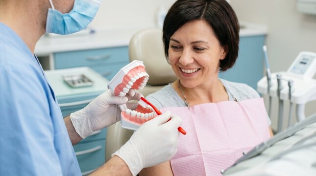 Dentist showing teeth brushing technique to patient. Doctor using jaw model and toothbrush for education in clinic. Oral hygiene, dental care, prevention and professional consultation.