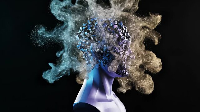Geometric human head dissolving into swirling smoke and particles in deep space
