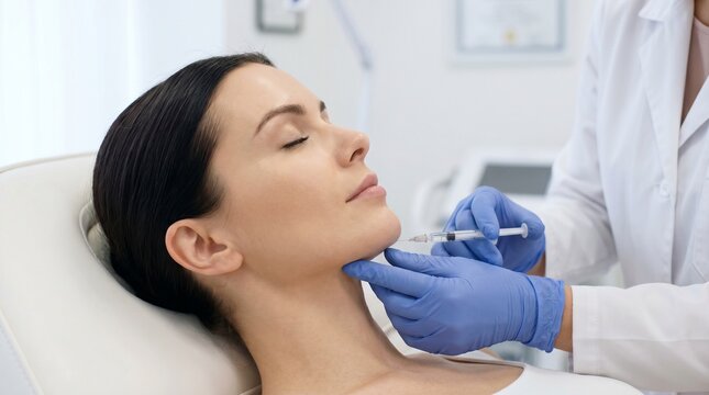 Facial injection for chin contouring. Cosmetic surgeon performing beauty treatment with syringe to woman face. Aesthetic medicine, filler injection, anti-aging and skincare concept.