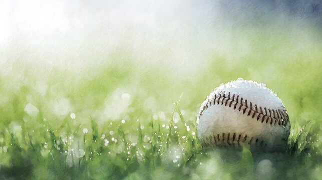 Dew kissed baseball illustration serene morning light on textured leather a fresh sports visual concept