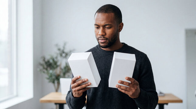Thoughtful professional, making a decision, holding two product boxes. Capturing the essence of decision-making, choice, and careful consideration. 