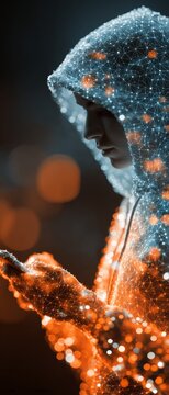 Digital shadows: navigating the risks of modern cyber threats. Tech ecosystem. Symbolic hues of cyber threats: a hacker's interaction with technology. Network architecture. Machine network.