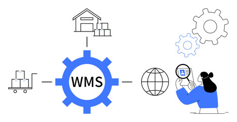 Obraz premium Warehouse Management System. WMS streamlines supply chain efficiency by managing inventory, logistics, and distribution processes. WMS ensures precise stock tracking and smooth operations. For supply