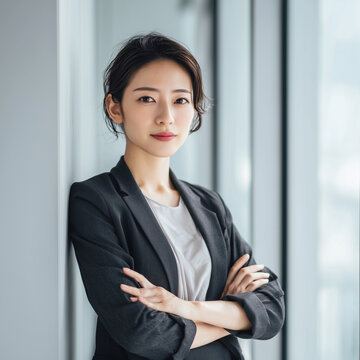 Confident Japanese businesswoman portrait with arms crossed in modern office, professional corporate concept