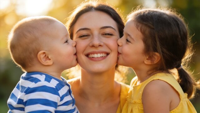 Mother with two children kissing her cheeks