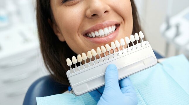 Close up of dentist holding tooth shade guide near smiling woman teeth in dental clinic. Professional teeth whitening, porcelain veneers selection and aesthetic dentistry service.