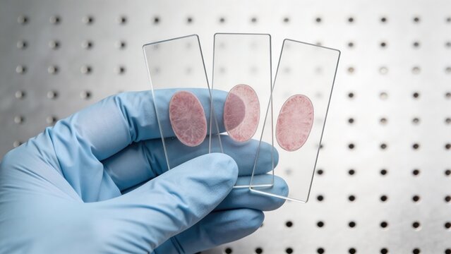 Hand holding glass slides with tissue samples