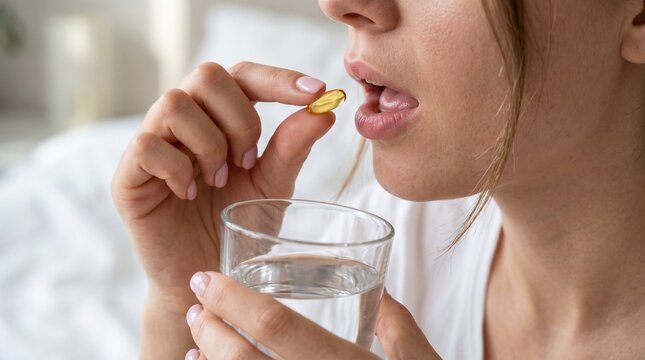 Young woman taking yellow fish oil capsule or vitamin supplement with glass of water. Healthcare, nutrition and healthy lifestyle concept. Girl holding golden pill for wellness at home.