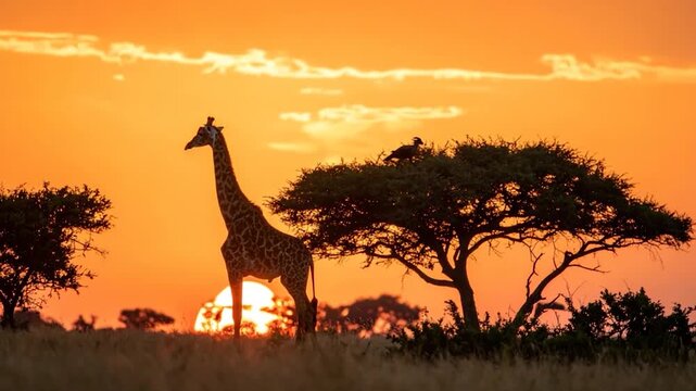 Silhouette of a giraffe and a bird perched on a tree at sunset with vibrant orange sky