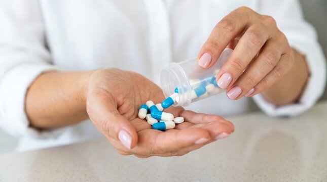Close up of woman pouring blue and white antibiotic capsules into hand from bottle. Medical treatment, pharmacy and healthcare concept. Person taking supplements or prescription drugs.