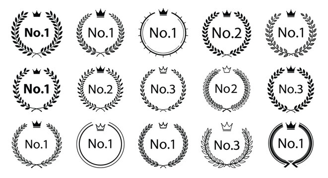 Collection of award wreath icons in black and white with number rankings from one to three for winners and achievements.