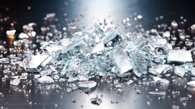 Pile of shattered tempered glass fragments on a dark reflective surface. Broken crystalline shards debris. Dangerous sharp object textures. Industrial materials and safety hazard concept.