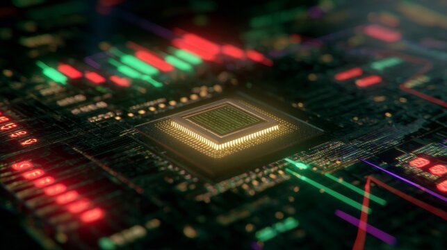 Cutting-edge ai chip illuminated by neon technology. Crypto investment. Intricate agi processor with vivid neon and futuristic details. Bearish trend. Market forecast.