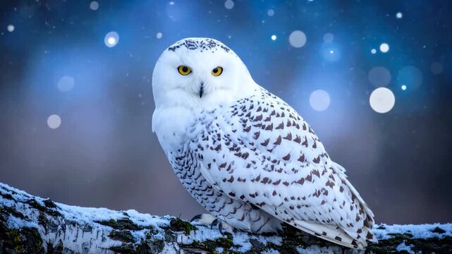 Snowy owl perched on a snow-covered branch against a starlit, blue-toned backdrop