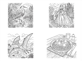 Fantasy creature illustrations, mythical beasts, black and white, vector set of 4 © MDMANIK