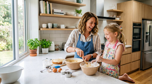 Madre e hija cocinando juntas en cocina moderna, riendo, luz natural, estilo lifestyle realista