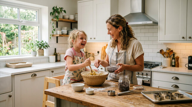 Madre e hija cocinando juntas en cocina moderna, riendo, luz natural, estilo lifestyle realista