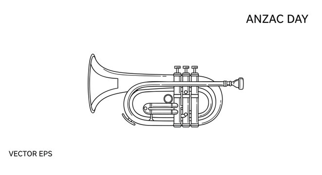 Anzac Day bugle vector illustration, minimalist line art trumpet for remembrance ceremony, military brass instrument icon on white background